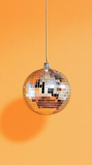 Disco ball hanging against orange background, retro party concept