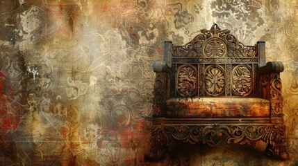 Ornate vintage chair against a textured wall, showcasing rich designs and a warm color palette, perfect for interior decor themes.