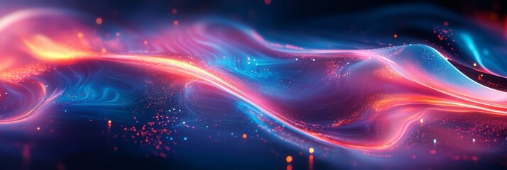 Obraz premium An energetic abstract composition with neon highlights and smooth curved waves immersed in a cosmic space scene.
