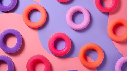 Fototapeta premium Colorful rubbers circle closeup on pink and purple background