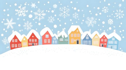 A simple vector illustration of an animated Christmas winter town with houses, snowflakes falling from the sky, and a snowy landscape