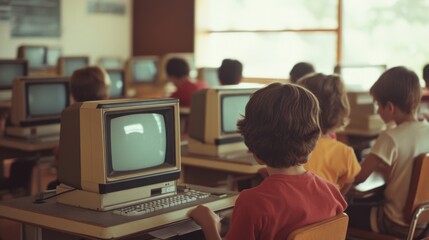 Classroom with Children Using Outdated Technology at Their Desks
