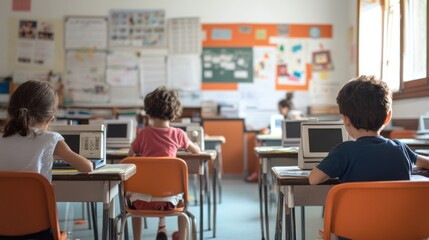 Classroom with Children Using Outdated Technology at Their Desks