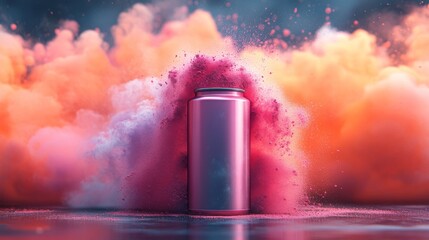 Vibrant explosion of colorful powder with energy drink can