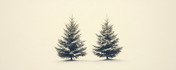 Obraz premium Two snow-covered pine trees on snowy landscape, minimalist winter scene. Peaceful nature and solitude concept