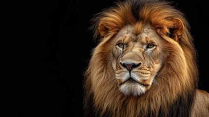 Portrait of a majestic lion on a dark background. Wildlife and strength concept