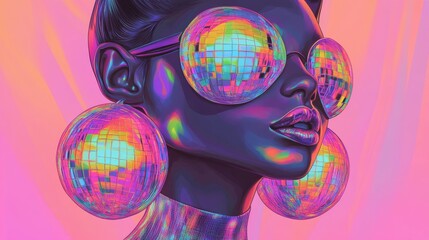 Colorful neon portrait of a woman with disco ball glasses and earrings in digital art. Futuristic and vibrant art concept
