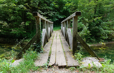 Small wooden bridge over a creek in the middle of the forest