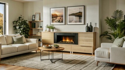 Two white sofas near fireplace against white wall with wooden cabinet and art poster. Scandinavian minimalist style home interior design of modern living room.
