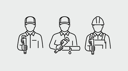 Plumbing Service Plumber With Heavy Duty Pipe Wrench Vector Line Icons