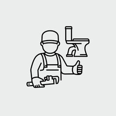 Plumbing Service Plumber With Heavy Duty Pipe Wrench Showing Thumb Up Vector Line Icon