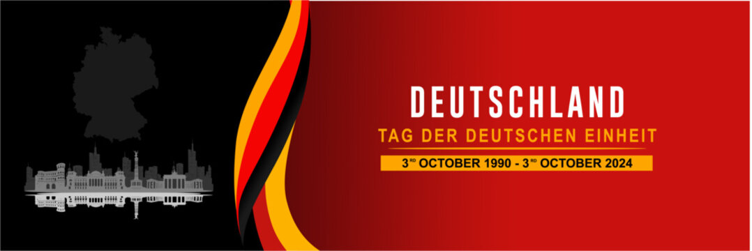 Celebrate the German Unity Day (Tag Der Deutschen Einheit) on 3rd October with silhouettes of historical landmarks and skyscrapers,maps and wavy ribbons. German Unification Banner.V ector illustration