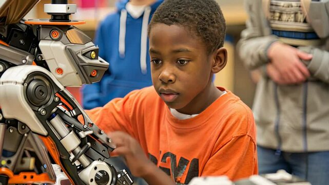 The Future is Now: Young Engineer in the Making -  A young boy's face lights up with focus and determination as he carefully assembles a robotic arm, hinting at a bright future in STEM. 