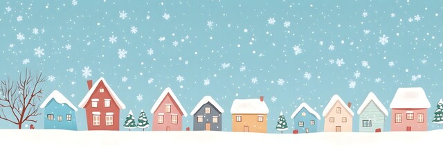 A simple vector illustration of an animated Christmas winter town with houses, snowflakes falling from the sky, and a snowy landscape