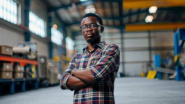 Confident in the Factory: A portrait of a determined African American factory worker, arms crossed, standing amidst the hustle and bustle of a modern industrial workplace. 