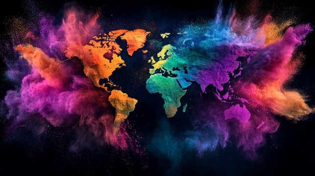Colorful world map with vibrant powder explosion