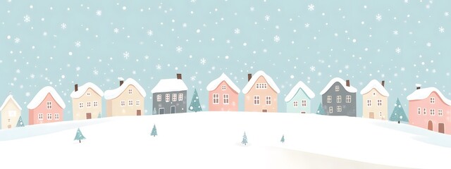 A simple vector illustration of an animated Christmas winter town with houses, snowflakes falling from the sky, and a snowy landscape