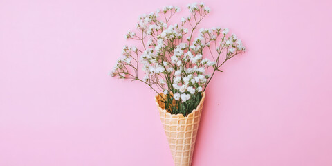 Ice cream waffle cone with delicate flowers, pastel background, aesthetic, copy space. Creative banner