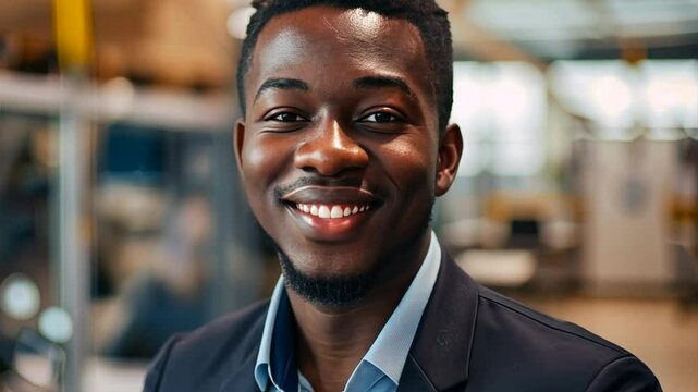 Confident and Successful: A young Black businessman exudes confidence and success as he smiles warmly into the camera, his sharp attire and relaxed posture conveying a sense of accomplishment and achi