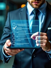 Man in Formal Attire Operating a Transparent Digital Display with a List of Options