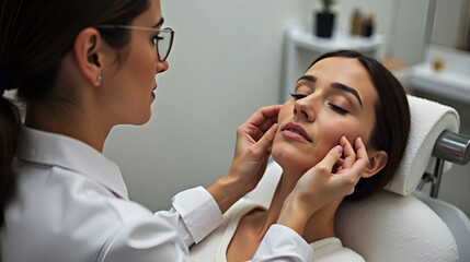 Fototapeta premium Cosmetologist examining patient's skin during facial procedure