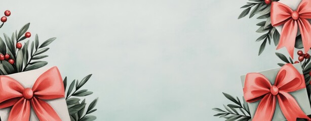 Obraz premium Elegant festive background with beautifully wrapped gifts adorned with pink bows and greenery, perfect for seasonal celebrations