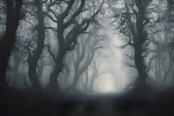 Obraz premium A shadowy forest filled with twisted tree silhouettes and eerie mist with faint lights glowing, AI Generated