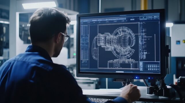 Engineering Blueprints Displayed on Computer Monitor in Industrial Workplace