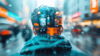 A person seen from behind, with tousled hair, standing amidst a fast-paced, vibrant urban street, capturing the essence of modern life's hustle and energy.