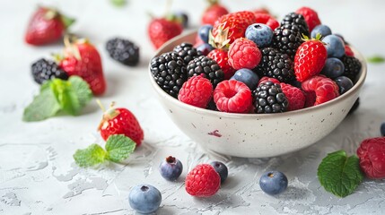 A bowl of mixed berries with some scattered around the bowl.