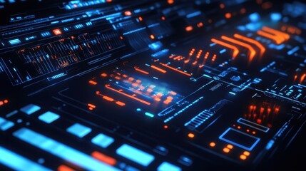 Futuristic Digital Circuit Board Landscape in Shades of Blue and Orange