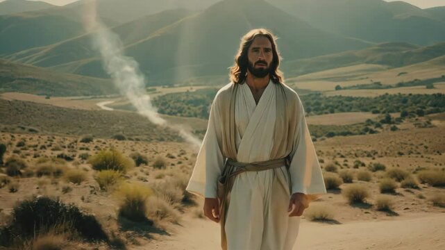 Jesus Christ lord walking in desert, preaching to his samples. The Biblical story in Israel. Holy Scriptures of Old and New Testaments, Christian religion, holiday of Easter, path to God