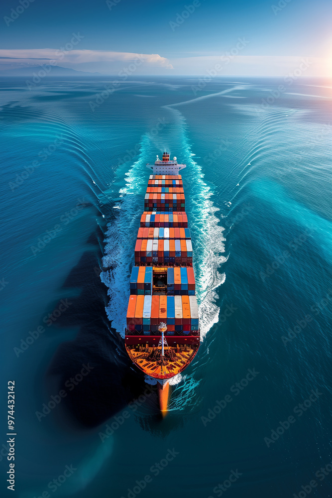 Wall mural fully loaded container ship sailing in vibrant blue ocean under clear sky horizon