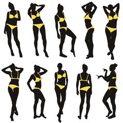 Vector silhouettes of beautiful girls in bikini isolated on white background. Icons of woman in standing  poses. Sexy ladys.
