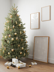Christmas interior frame, poster empty in home design new year, element mockup annual holidays, 3d render