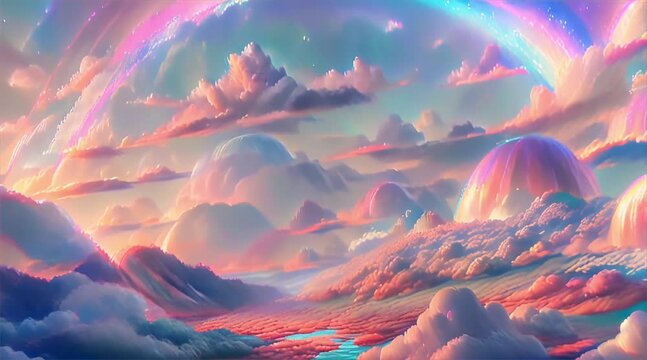 Pastel clouds with beautiful rainbow. Holographic fantasy rainbow unicorn background with clouds Pastel color. sky Magical landscape abstract fabulous pattern. Cute candy fantasy in the sky 4k animati