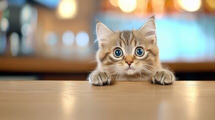 Cute Kitten Looking Up at Camera in a Bar