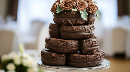 Three-tier wedding chocolate cake with a chocolate flowers close up  , Two-tier chocolate cake close up on a light background black and testy   cake 
