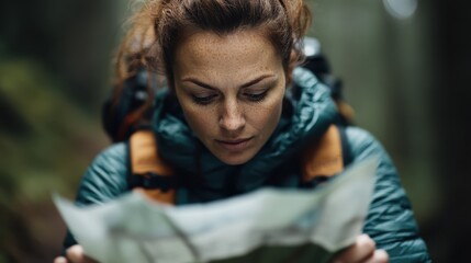 A woman, wearing a teal jacket and carrying a backpack, is deeply immersed in reading a map amidst...