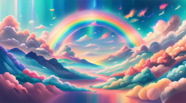 Vibrant rainbow across a surreal cloudscape, creating a dreamy and colorful scene. Fluffy clouds add to the ethereal beauty of this landscape. Pastel clouds with beautiful rainbow.Cute candy fantasy