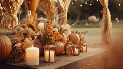 Fall Harvest Table With Pumpkins Candles And Lanterns Decor