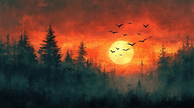Silhouettes of birds flying across a painted sky at dawn