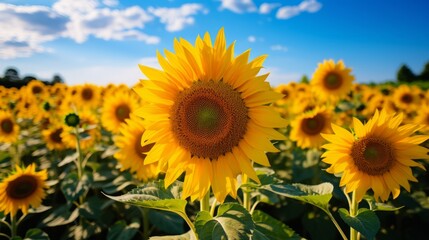 Close up of a sunflower in a field. Sunflower in a sunflower field on the background of a blue sky with clouds. Beautiful big yellow sunflower in a sunflower field on a sunny day.