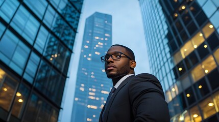 A well-dressed black businessman stands in front of skyscrapers