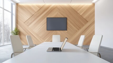 Modern Conference Room Interior with Wood Wall and Laptop