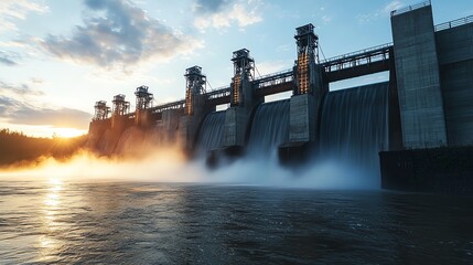 Large hydroelectric dam with water flowing over the spillway at sunset.