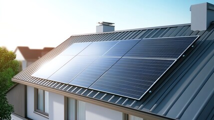 Obraz premium Solar panels installed on a residential roof, providing clean energy.