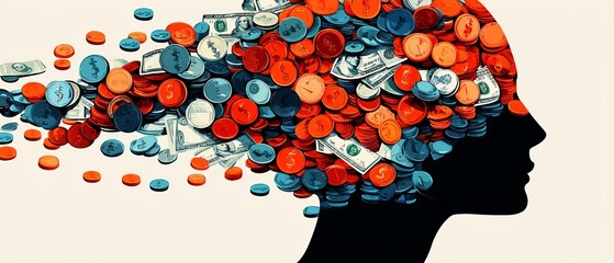 A conceptual image of a head filled with coins and bills, indicating financial awareness and creative thinking