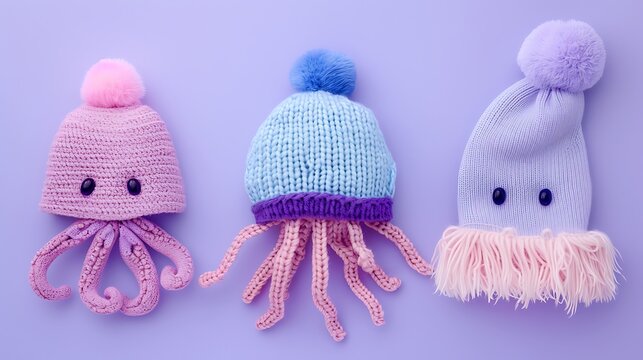 Hand made premature baby size items octo hat mittens and botties on pink and purple background
