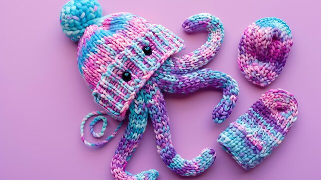 Hand made premature baby size items octo hat mittens and botties on pink and purple background